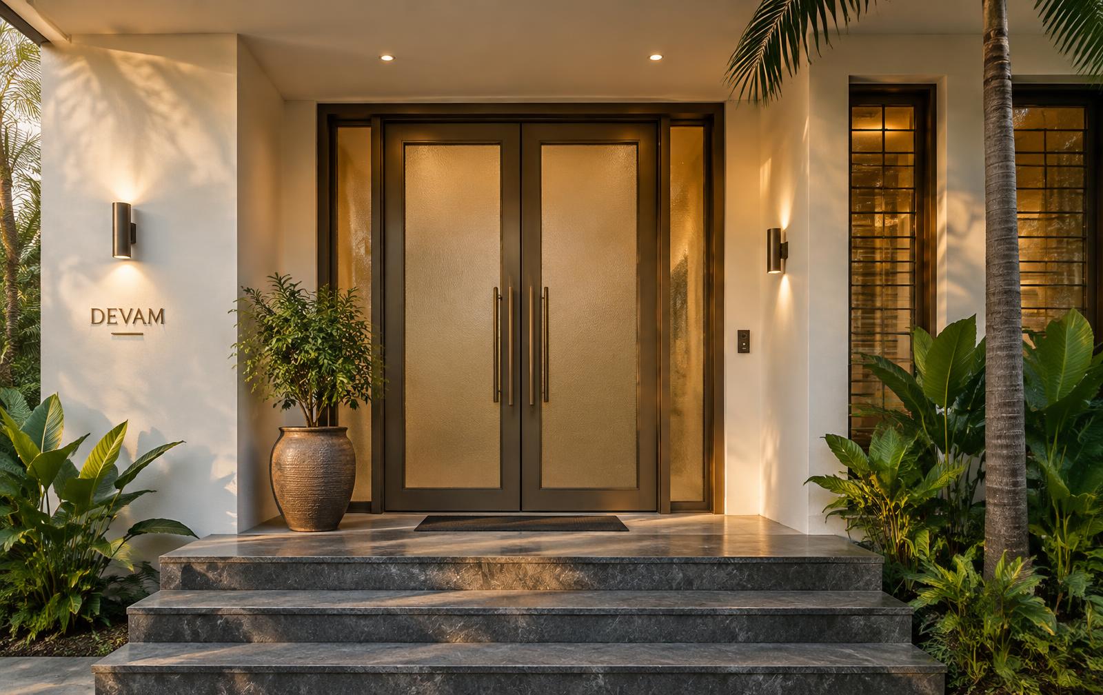 Modern villa entrance with a bronze aluminium double door